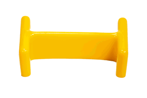 Side view of yellow i beam cap made from pvc shown on plain white background.