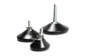 A view of three tilt and glide adjustable feet with varying stud lengths and base diameters