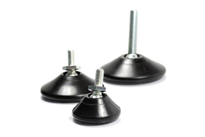 A view of three tilt and glide adjustable feet with varying stud lengths and base diameters