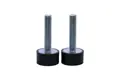 Side view of two adjustable feet. Black rubber base and metal threaded stud.