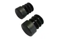 Angled view of two heavy-duty, round black plastic injection moulded tube insert feet.