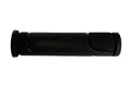 Side view of a black rubber injection moulded grip-handle with multiple dimples and a textured finish.