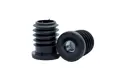 Two black plastic round tube inserts, with a metal threaded hole. One standing up and the other on its side showing the threaded hole.