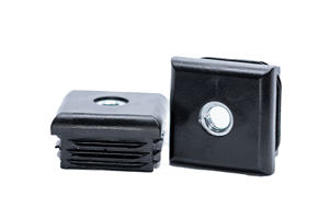 Two black plastic square tube inserts with metal threaded holes. One standing up, one on its side.
