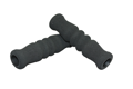 Angled view of two stacked black textured finish foam extrusion moulded grips with two curved grooves in the middle and slightly flanged ends.