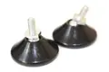 Angled view of two tilt and glide adjustable feet. Black, conical bases and short metal studs.