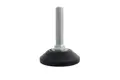 Side view of adjustable levelling foot. Black Plastic base with metal threaded stud.