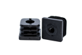 Two black plastic square tube inserts with threaded holes. One standing up, one on its side.