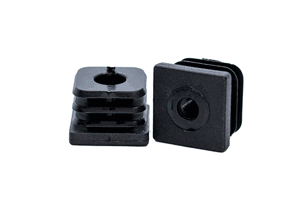 Two black plastic square tube inserts with threaded holes. One standing up, one on its side.