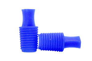 Two bright blue Silicone plugs with pull handles and a hollow, ribbed body.