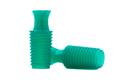 Two green Silicone plugs with pull handles and a hollow, ribbed body.