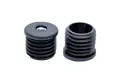 Two black plastic round tube inserts, with a metal threaded hole. Both standing up showing opposite ends of the insert.