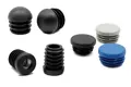 A selection of round tube inserts. Flat top, domed and threaded. In black grey and blue.