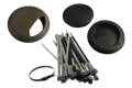 Pile of black cable ties with rubber and plastic grommets for cable management.
