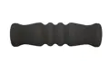 Side view of a black textured finish foam extrusion moulded grip with a curved grooved middle section and slightly flanged ends.