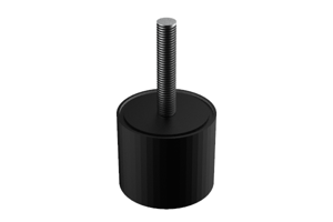 Angled view of a 3D modelled adjustable foot. Black rubber base and metal threaded stud.