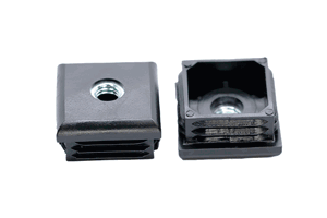 Two black plastic square tube inserts with metal threaded holes. Both standing up, showing opposite ends.