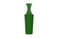 A side on view of a 3D modelled, blue Silicone plug with pull handle and a hollow, ribbed body.