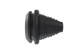 Black cone shaped stepped rubber cable grommet on white background.