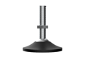 Side view of a 3D modelled adjustable foot. Black base and metal threaded stud and hex nut.