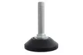 Side view of adjustable levelling foot. Black Plastic base with metal threaded stud.