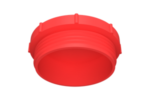 An angled view of a 3D modelled red plastic UNF Threaded plug.