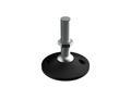 Angled view of 3D modelled tilt and glide foot. Showing mounting hole on the base and metal threaded stud.