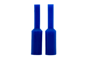Two white silicone plugs. With a tapered step in the middle and a small flange at the larger end.