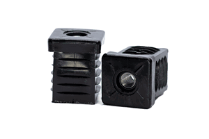 Two black plastic square tube inserts with metal threaded holes. One standing up, one on its side.