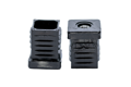 Two black plastic square tube inserts with metal threaded holes. Both standing up, showing opposite ends.