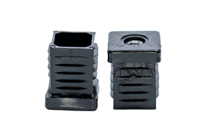 Two black plastic square tube inserts with metal threaded holes. Both standing up, showing opposite ends.
