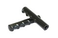 Angled view of two black smooth shiny plastic industrial finger nubbed-grips.