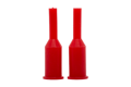Two red silicone plugs. With a tapered step in the middle and a small flange at the larger end.