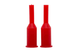 Two red silicone plugs. With a tapered step in the middle and a small flange at the larger end.