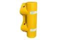 Close up of yellow plastic cap designed for pedestrian protection at the end of armco runs.