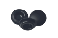 Three rubber push in feet. Showing an angled view, top view and domed base.