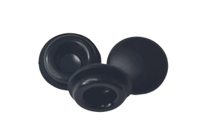 Three rubber push in feet. Showing an angled view, top view and domed base.