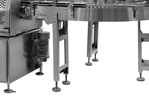 Industrial conveyor equipment with seven adjustable feet in use.